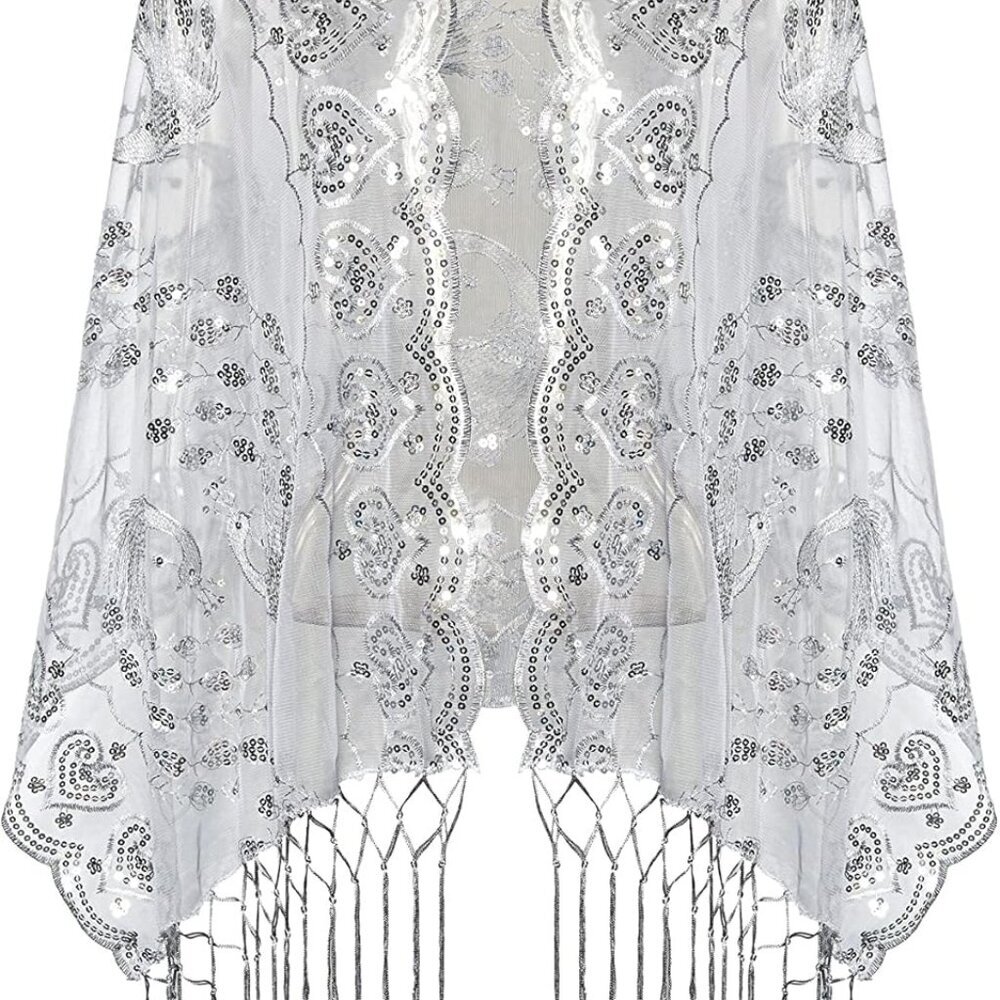 1920s Sequined Shawl Wraps for Women Fringed Evening Cape Wedding Bridal Shawl S
